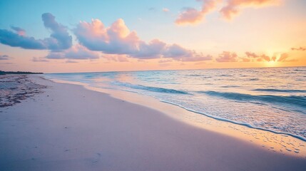 Serene sunrise over a pristine beach. Gentle waves lap at the shore, while soft pastel colors paint the sky.