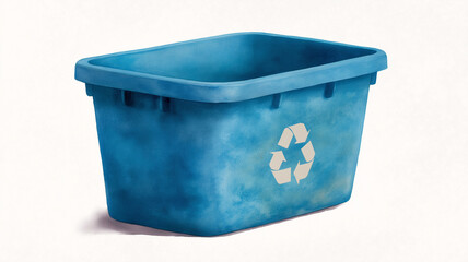 Blue recycling bin with white recycling symbol on side, designed for collecting recyclable materials, isolated on white background with soft shadows