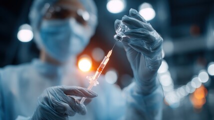A healthcare worker preparing an injection in a sterile environment, with clear bright lighting and a soft blue hue.