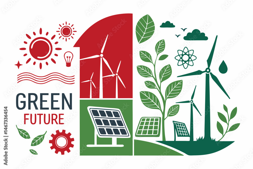 Poster create a vibrant vector background for a green future campaign, featuring lush foliage and eco-frien