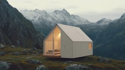 A minimalist, light-wood cabin nestled in a mountainous landscape, illuminated from within