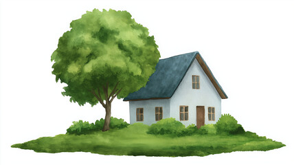 Watercolor painting of small eco friendly house surrounded by green grass, bushes, and large leafy tree, evoking peaceful and natural atmosphere