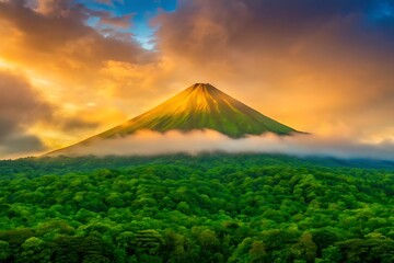Lush green mountain peak illuminated by golden sunlight above a dense forest landscape