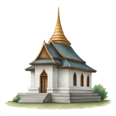 Traditional Thai temple with golden spire and blue tiled roof stands peacefully on green lawn with small bushes, showcasing elegant architecture and cultural heritage