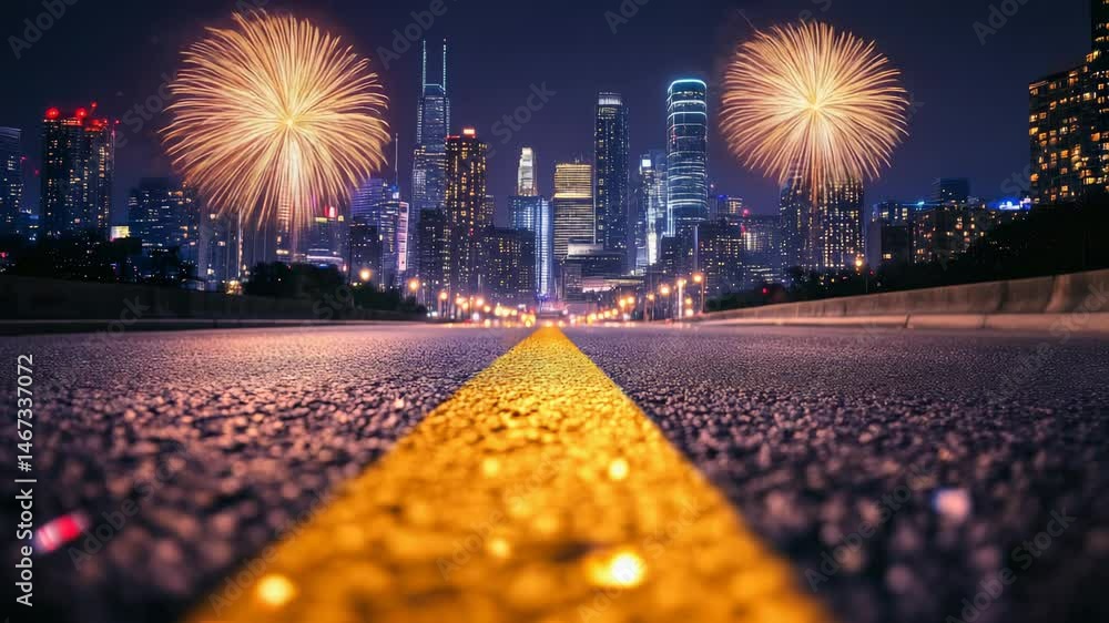 Aufkleber fireworks exploding over a modern city skyline at night, viewed from an empty asphalt road with a ye