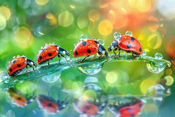 Ladybugs on a leaf with vibrant bokeh background.