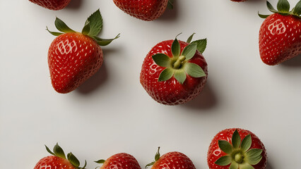 Flat Lay of Five Strawberries on White Background, Minimalist Commercial Food Style
