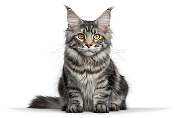 Majestic maine coon cat sitting proudly with gorgeous eyes against a clean white background