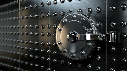 A metallic vault door with a round, metallic handle and a black, metallic texture, set against a black background with a metallic texture.