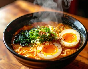 Steaming Bowl Of Spicy Ramen With Egg