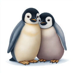 Two adorable baby penguins huddling closely together showing warmth and affection with soft feathers and bright eyes on white background