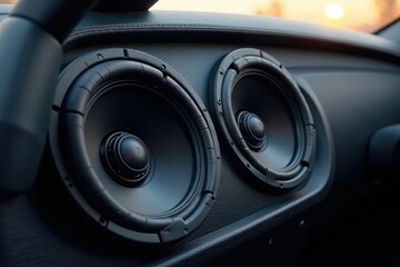 Fototapeta premium High-quality car speakers installed in a vehicle's interior , amplifier, car speakers, dashboard