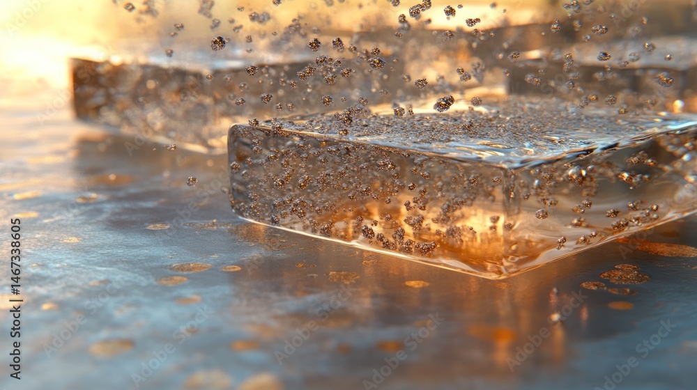 Poster two translucent cubes with trapped bubbles on a metallic surface, illuminated by warm light.