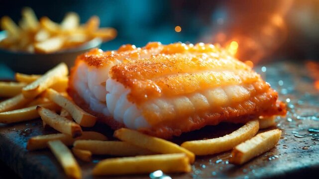 Fried cod accompanied by fries.