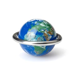 Miniature Earth Globe with Metallic Ring on White Background
