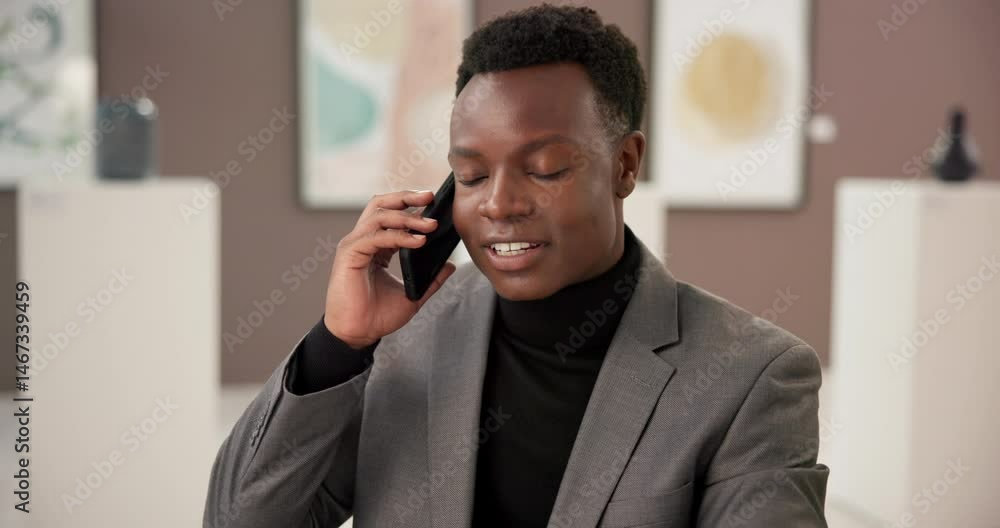 Poster art, phone call and black man at gallery with discussion, culture and networking for creative busine