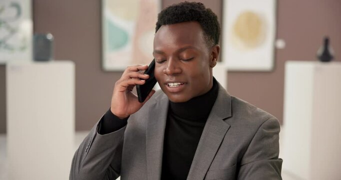 Art, phone call and black man at gallery with discussion, culture and networking for creative business. Exhibition, critic or curator on mobile at studio, auction or showroom with communication