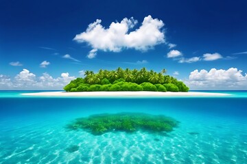 Tropical island paradise beautiful landscape with white sand beach blue ocean and sky