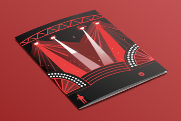 Design a stylish vector pamphlet for a theatrical performance, incorporating elegant typography and evocative imagery.  Include space for show details & ticket information.