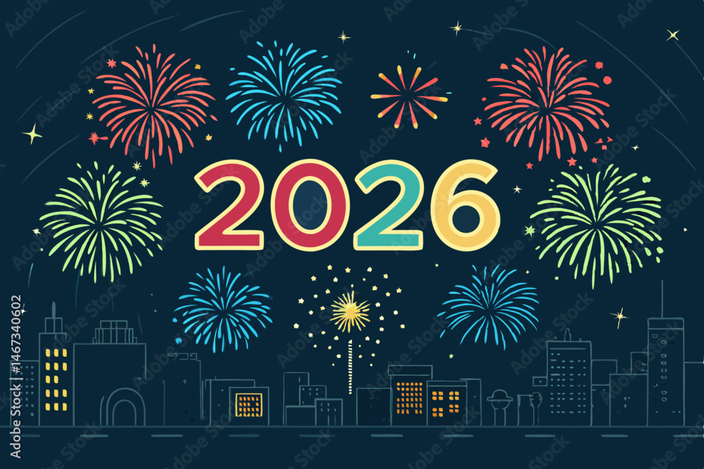 Poster design a vibrant vector illustration of fireworks exploding around bold, stylized '2026' numerals. i
