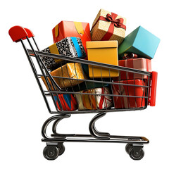 Colorful gifts in shopping cart isolated on a transparent background