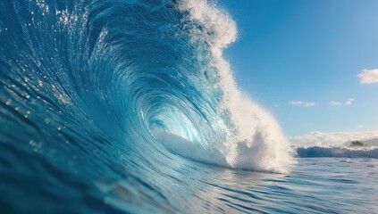 Majestic Ocean Wave Crashing Underneath a Bright Blue Sky on a Sunny Day