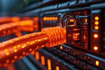 Secured server rack with glowing orange network cables