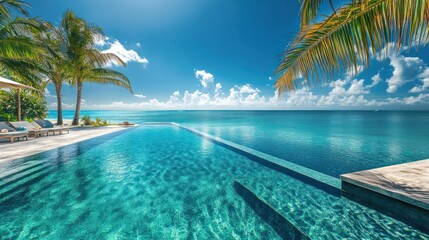 Fototapeta premium Serene beachfront pool with palm trees and ocean view