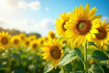 Fototapeta premium Happy sunflowers in full bloom on a sunny farm , bloom, sunlight