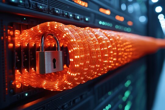 Secured server network with fiber optic cables and lock