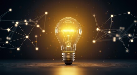 Glowing lightbulb surrounded by connected dots representing ideas or network concept.