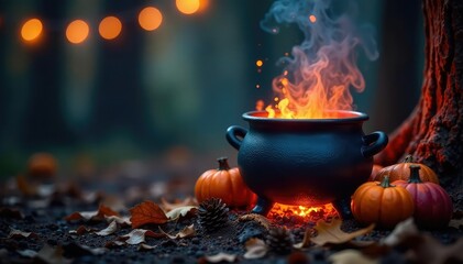 A spooky Halloween scene featuring a witch's cauldron bubbling over a fire, surrounded by autumnal elements , mysterious, simmer, sorcery