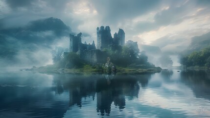 A majestic medieval castle standing on a small island 