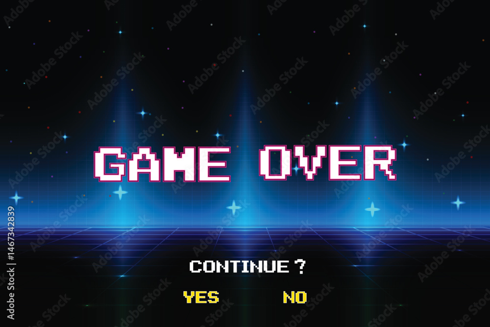 Poster GAME OVER INSERT A COIN TO CONTINUE or exiting the game's main menu. Modern trendy game background with lighting effect. for game assets in vector illustrations.