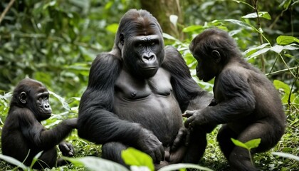 Gorilla Family in Lush Rainforest Habitat
