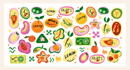 Trendy fruit sticker set with bold lettering and vibrant colors hand-drawn labels with lemons, oranges, kiwis, cherries and juicy tropical vibes, perfect for packaging and summer design.