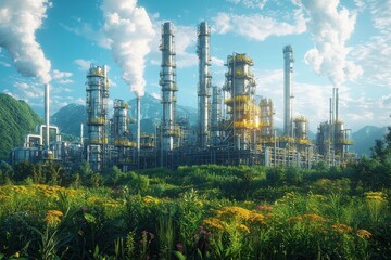 Obraz premium Industrial Factory with Smokestacks Amidst Lush Greenery and Mountains Under a Clear Blue Sky