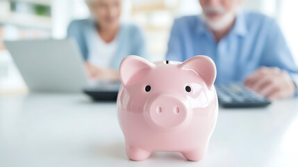 Piggy bank savings with senior couple calculating finances using a laptop and calculator. Financial planning, saving for retirement, family budget, economy concept