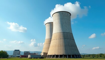 Fototapeta premium Large industrial steam cooling tower against a blue sky , steam, discharge, summer