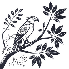 A black vector illustration shows a bird, perhaps a hawk or eagle, with a prominent wing and beak, a symbol of nature in a decorative silhouette design