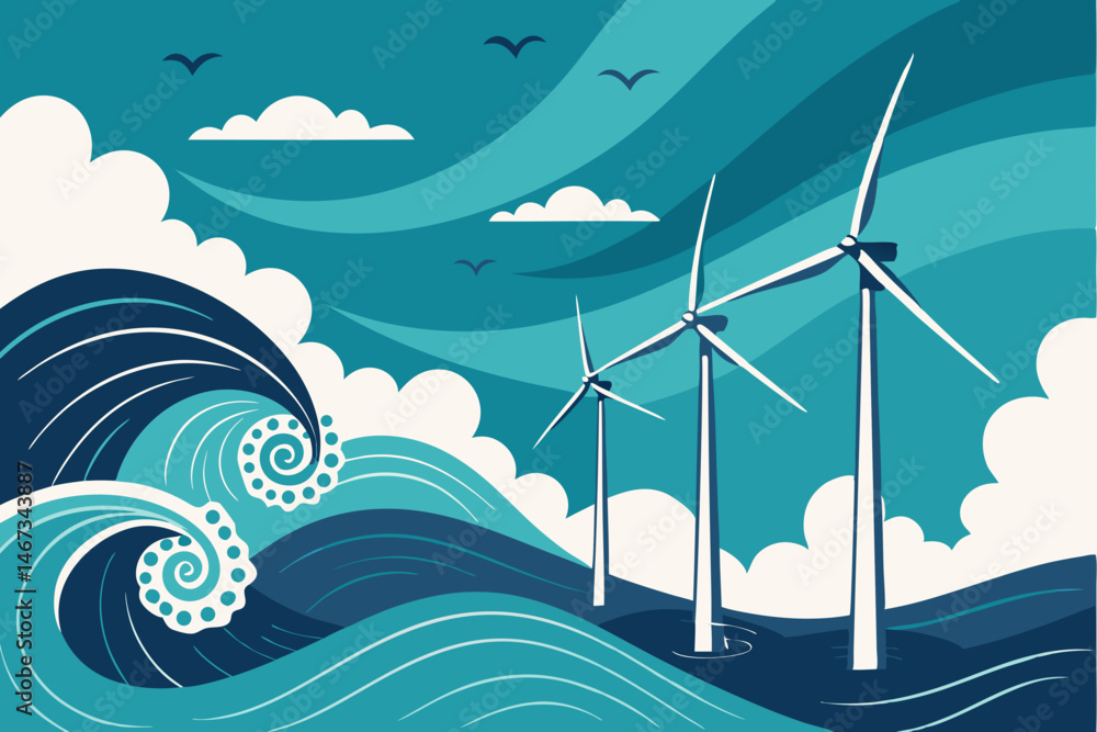 Aufkleber create a vector background featuring numerous wind turbines against a bold teal sky. emphasize clean