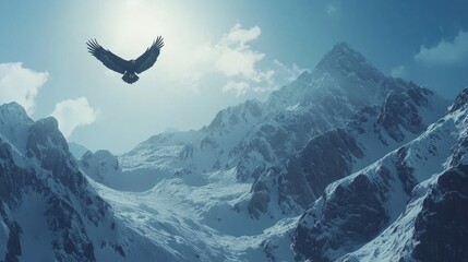 Majestic eagle soaring above snowy mountain peaks.