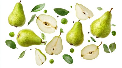 Green pears float with leaves on clean white background design