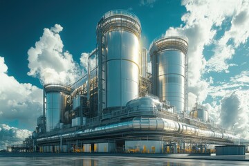 Obraz premium Futuristic Industrial Facility with Metallic Structures and Dramatic Sky in a Modern Urban Landscape