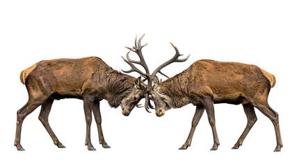 Two Red Deer Stags Locking Antlers in Intense Combat