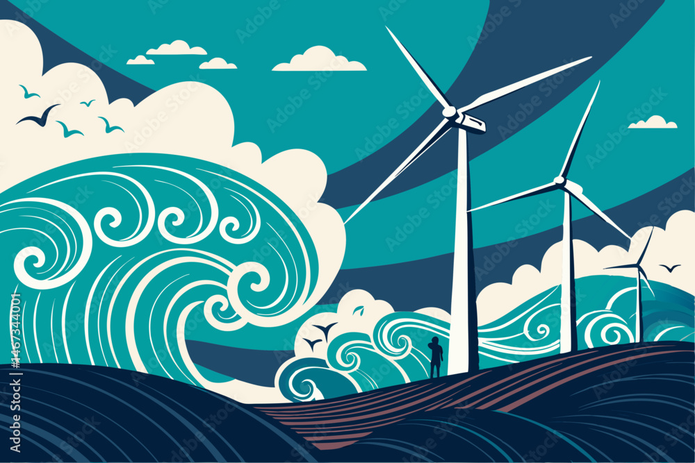 Poster create a vibrant vector background featuring numerous wind turbines against a bold teal sky. illustr