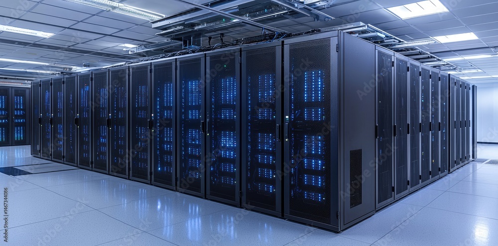 Poster Wide angle interior view of a modern data center with tightly arranged server racks, emphasizing high performance network and data processing infrastructure