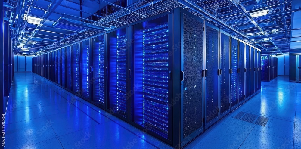 Poster bright blue server corridor with ceiling cable trays and sleek network cabinets, ideal for illustrat