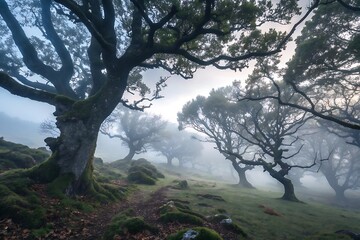 Obraz premium Misty green trees stand in a foggy mountain landscape, their branches reaching into the cool, moist air of the natural forest