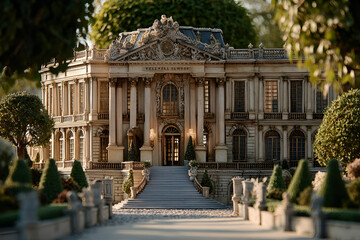 Obraz premium Grandeur and Elegance: A Miniature Architectural Masterpiece Surrounded by Serene Gardens